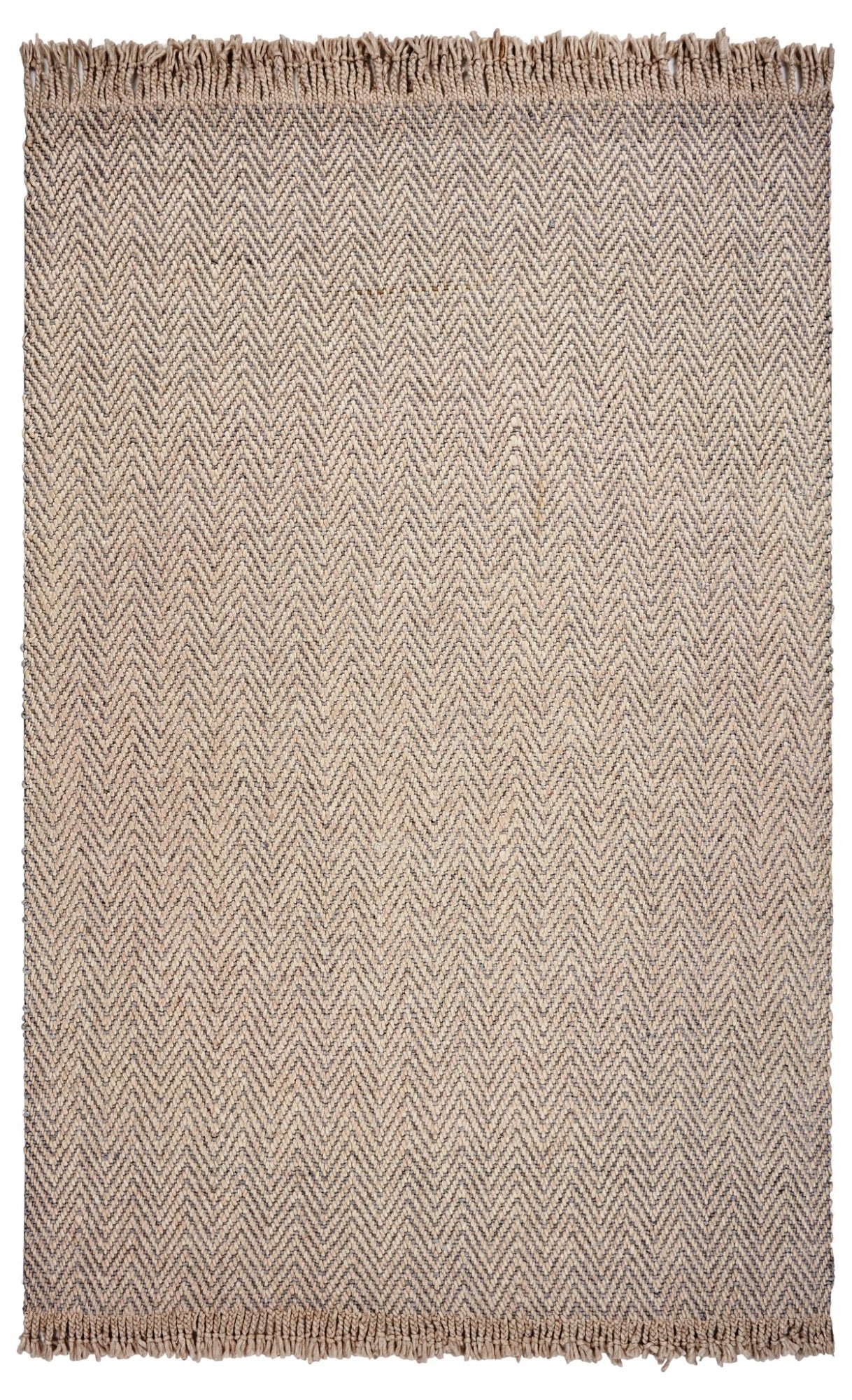 9' X 12' Beige And Gray Wool Chevron Hand Woven Area Rug With Fringe-Area Rugs-DECOROLALA