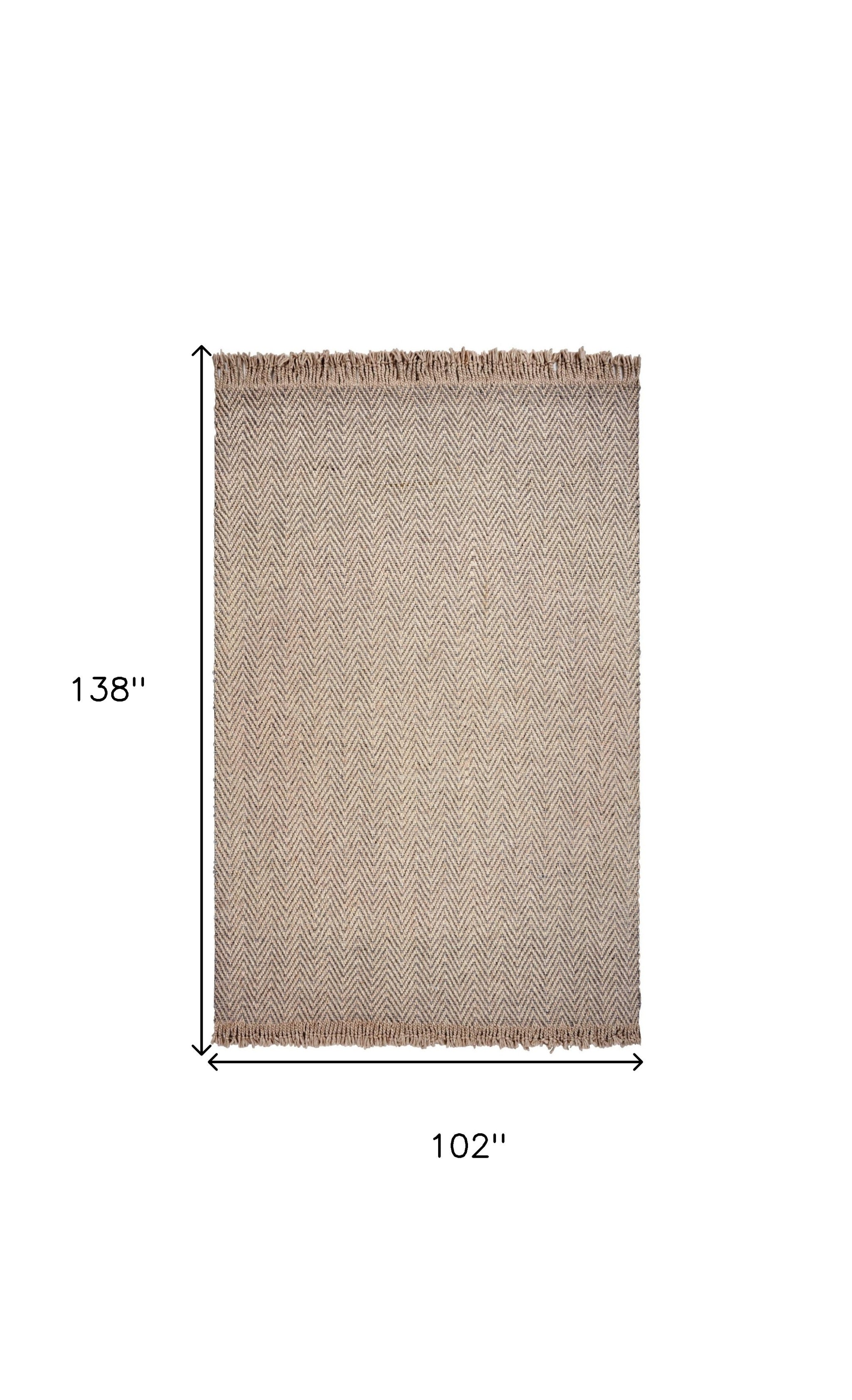 9' X 12' Beige And Gray Wool Chevron Hand Woven Area Rug With Fringe-Area Rugs-DECOROLALA
