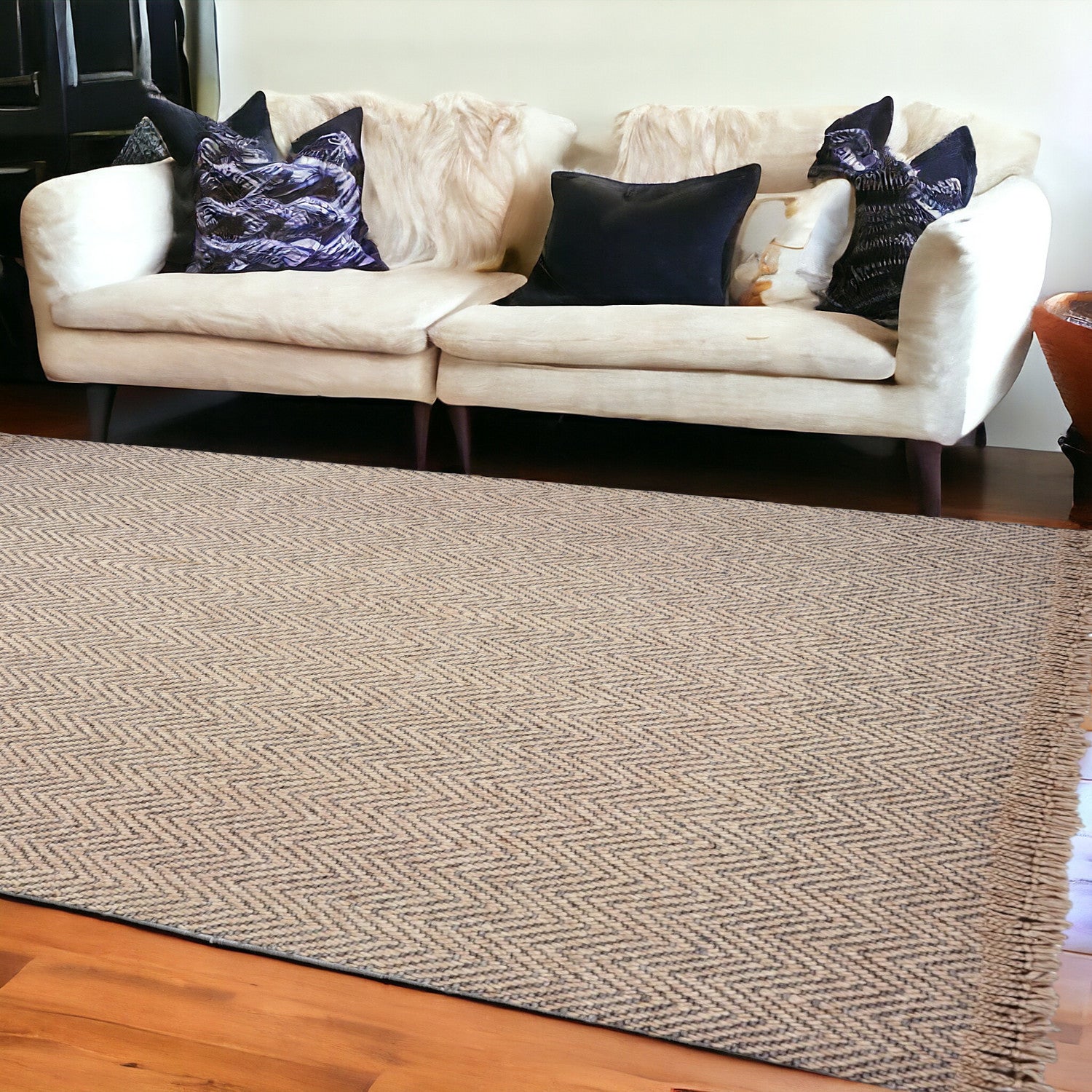 9' X 12' Beige And Gray Wool Chevron Hand Woven Area Rug With Fringe-Area Rugs-DECOROLALA