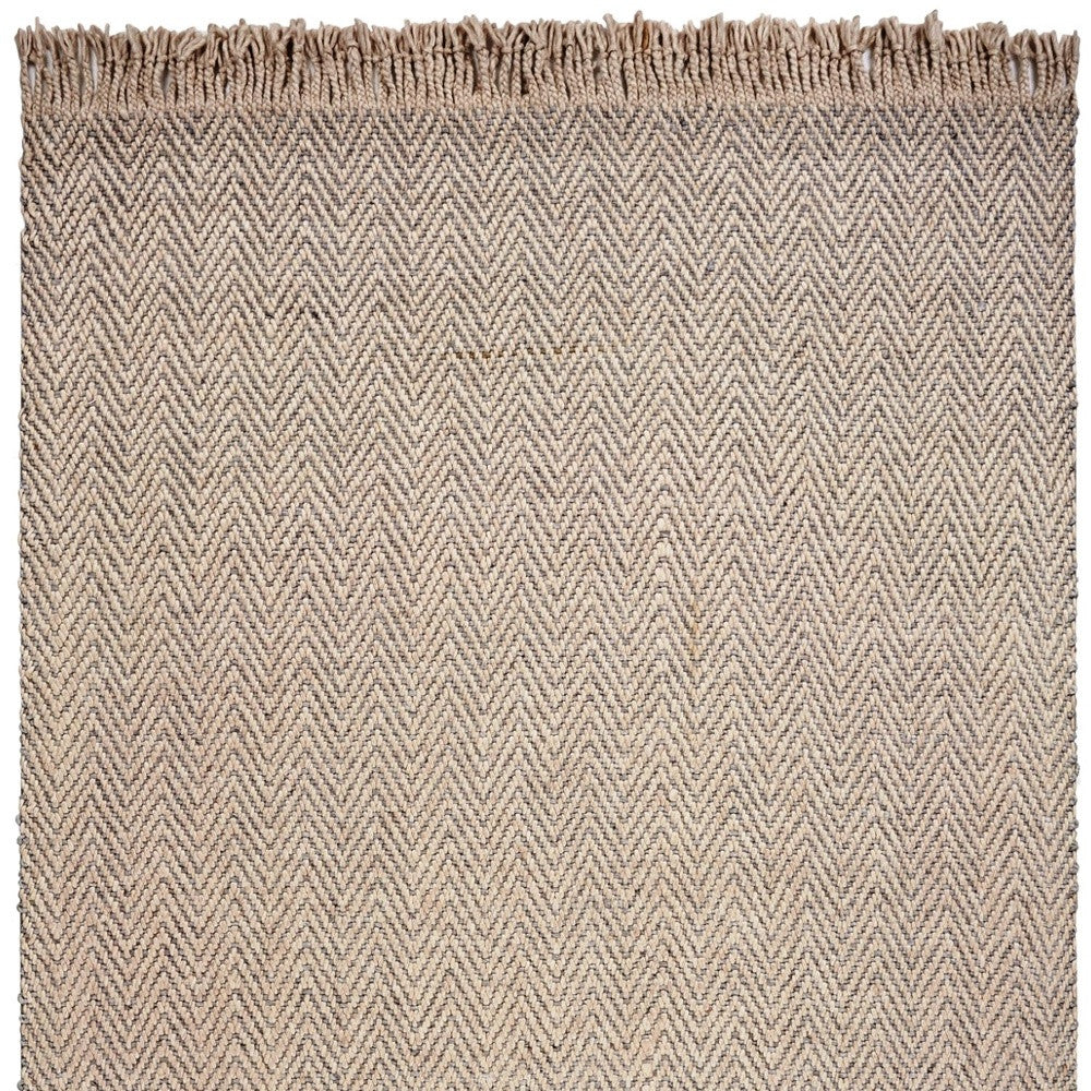 9' X 12' Beige And Gray Wool Chevron Hand Woven Area Rug With Fringe-Area Rugs-DECOROLALA
