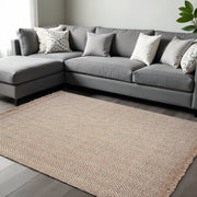 9' X 12' Beige And Gray Wool Chevron Hand Woven Area Rug With Fringe-Area Rugs-DECOROLALA