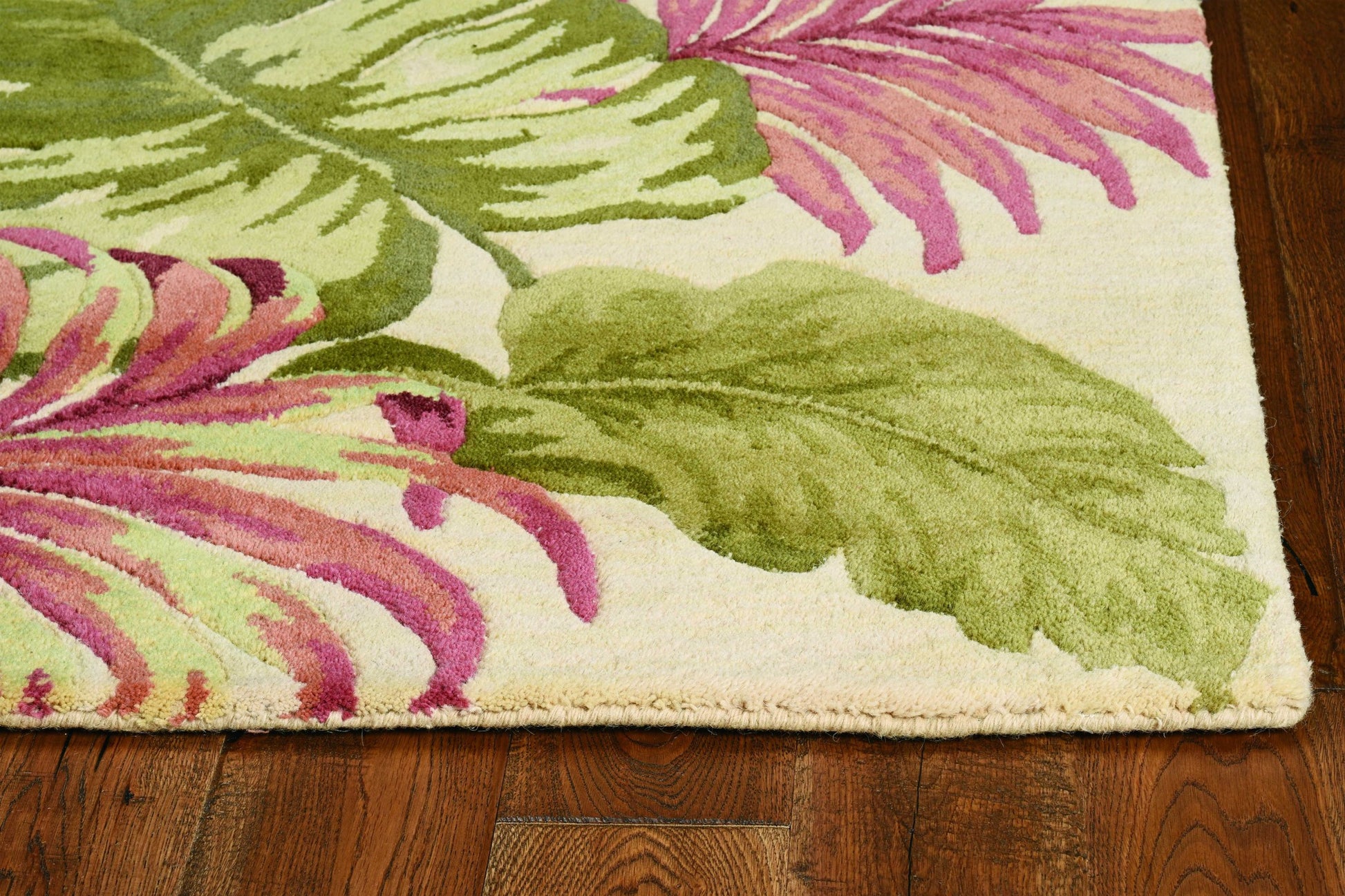 9' X 12' Beige Green And Pink Wool Botanical Leaves Hand Tufted Area Rug-Area Rugs-DECOROLALA