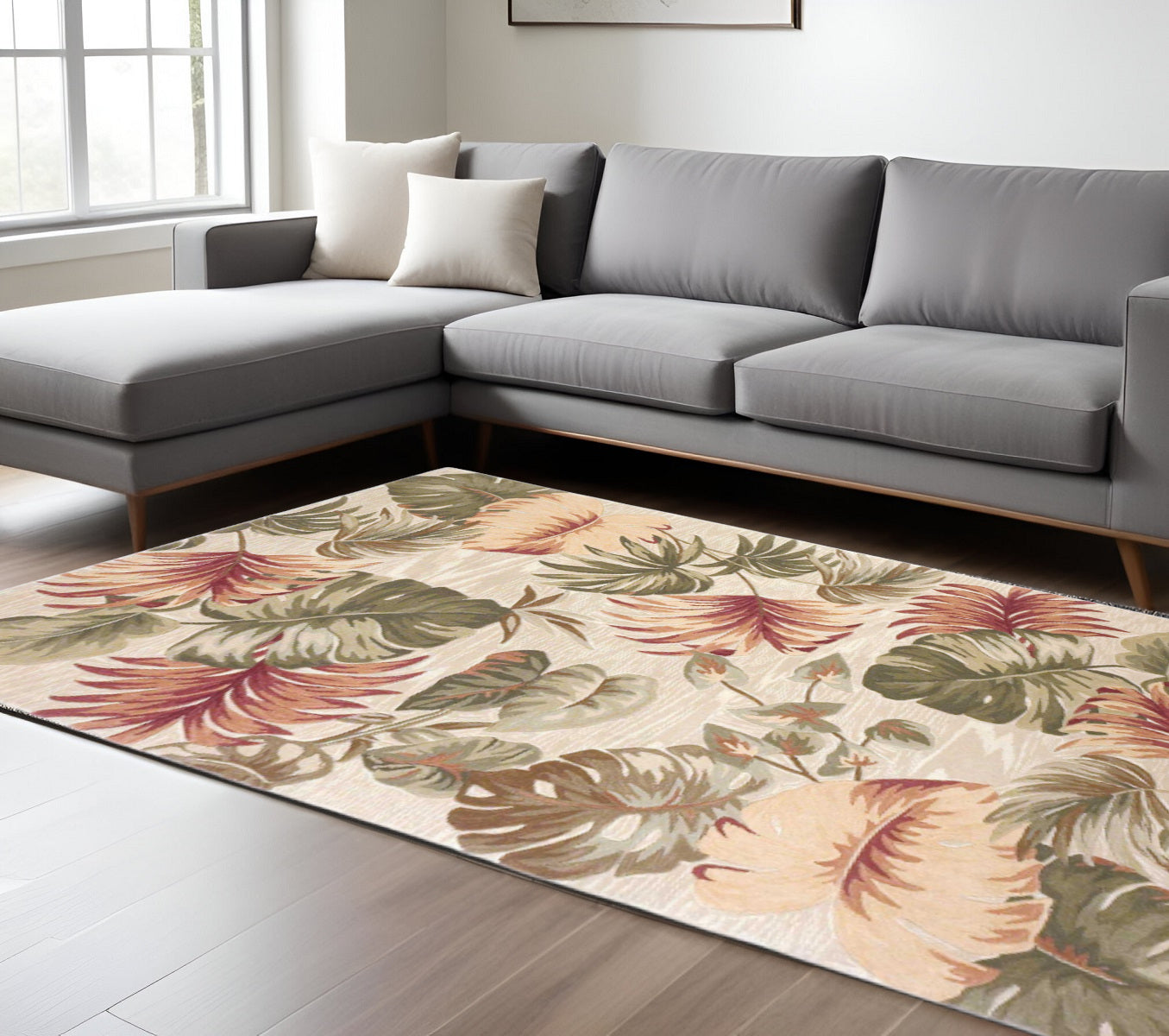 9' X 12' Beige Green And Pink Wool Botanical Leaves Hand Tufted Area Rug-Area Rugs-DECOROLALA