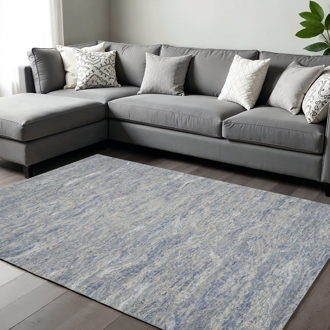 9' X 12' Blue And Beige Wool Abstract Hand Tufted Area Rug-Area Rugs-DECOROLALA