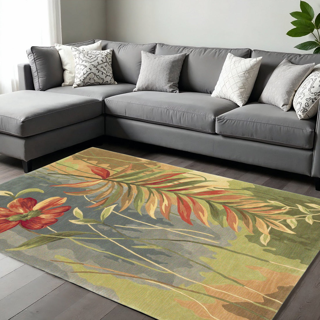 9' X 12' Blue And Green Wool Tropical Botanical Hand Tufted Area Rug-Area Rugs-DECOROLALA