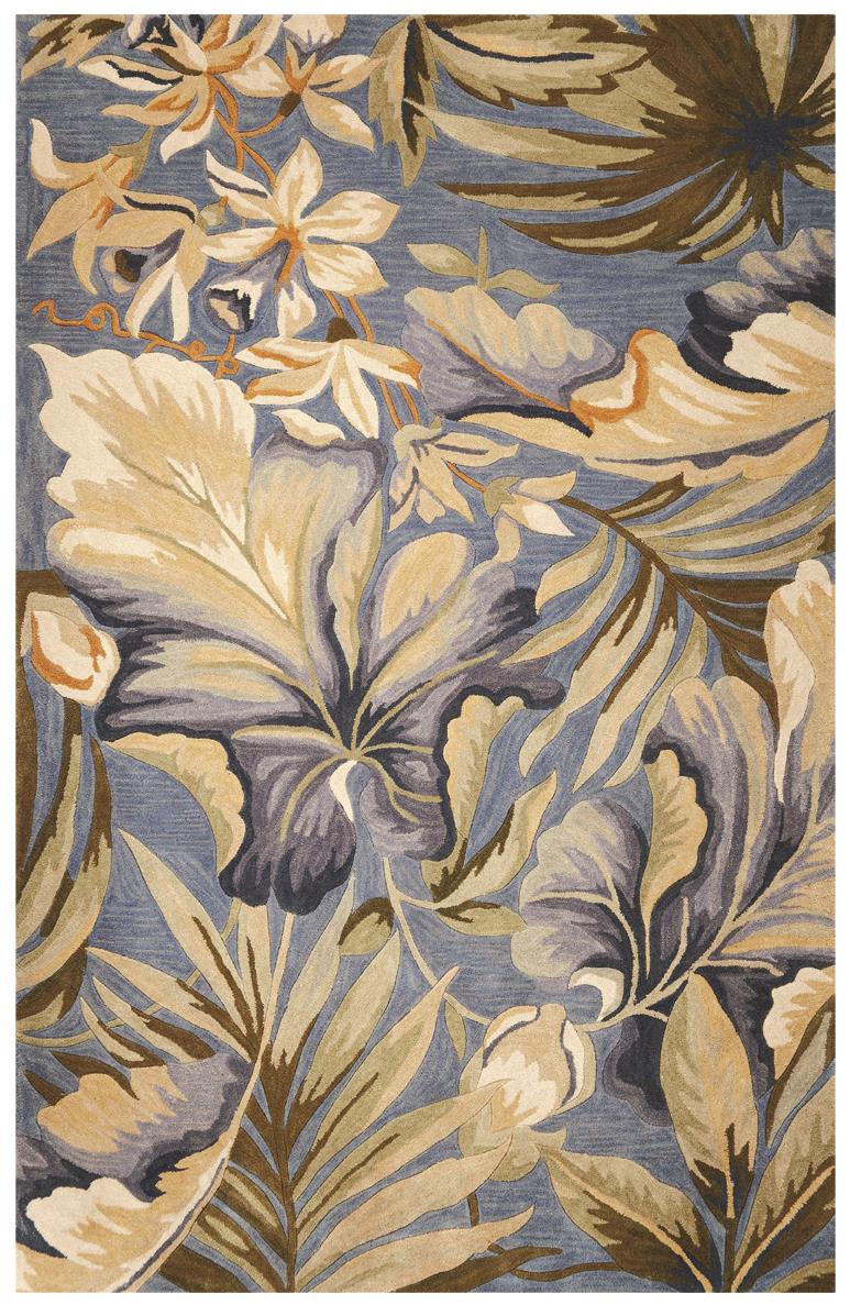 9' X 12' Blue Beige And Green Wool Tropical Botanical Hand Tufted Area Rug-Area Rugs-DECOROLALA
