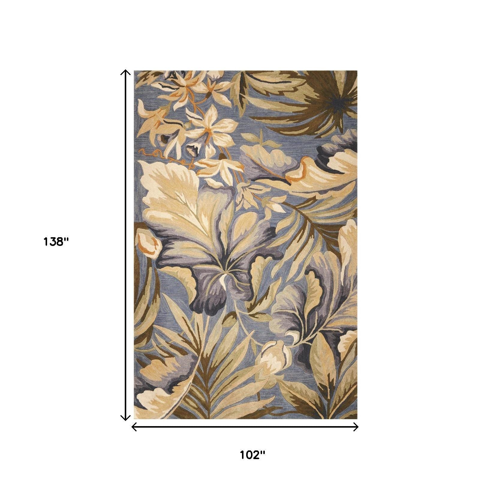 9' X 12' Blue Beige And Green Wool Tropical Botanical Hand Tufted Area Rug-Area Rugs-DECOROLALA