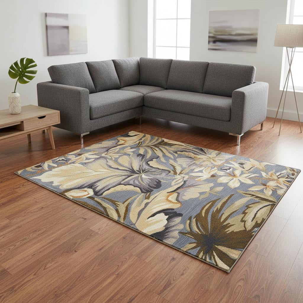 9' X 12' Blue Beige And Green Wool Tropical Botanical Hand Tufted Area Rug-Area Rugs-DECOROLALA