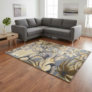 9' X 12' Blue Beige And Green Wool Tropical Botanical Hand Tufted Area Rug-Area Rugs-DECOROLALA