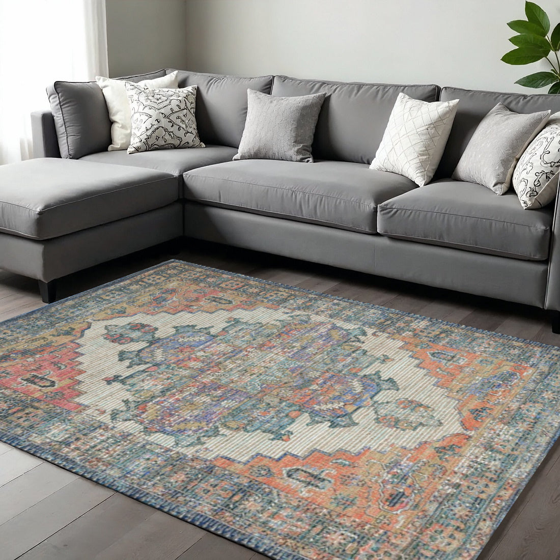 9' X 12' Blue Brick Red And Brown Jute Medallion Hand Woven Area Rug-Area Rugs-DECOROLALA