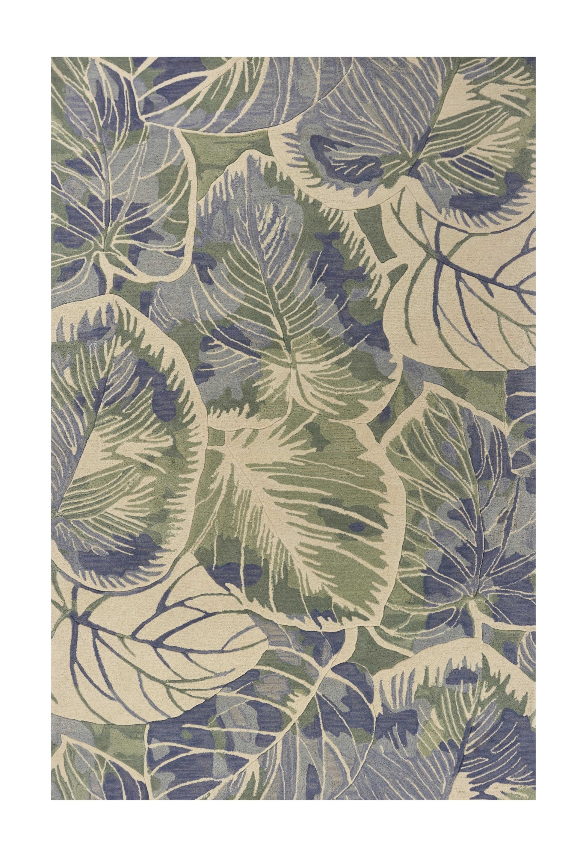 9' X 12' Blue Green And Beige Wool Tropical Botanical Hand Tufted Area Rug-Area Rugs-DECOROLALA