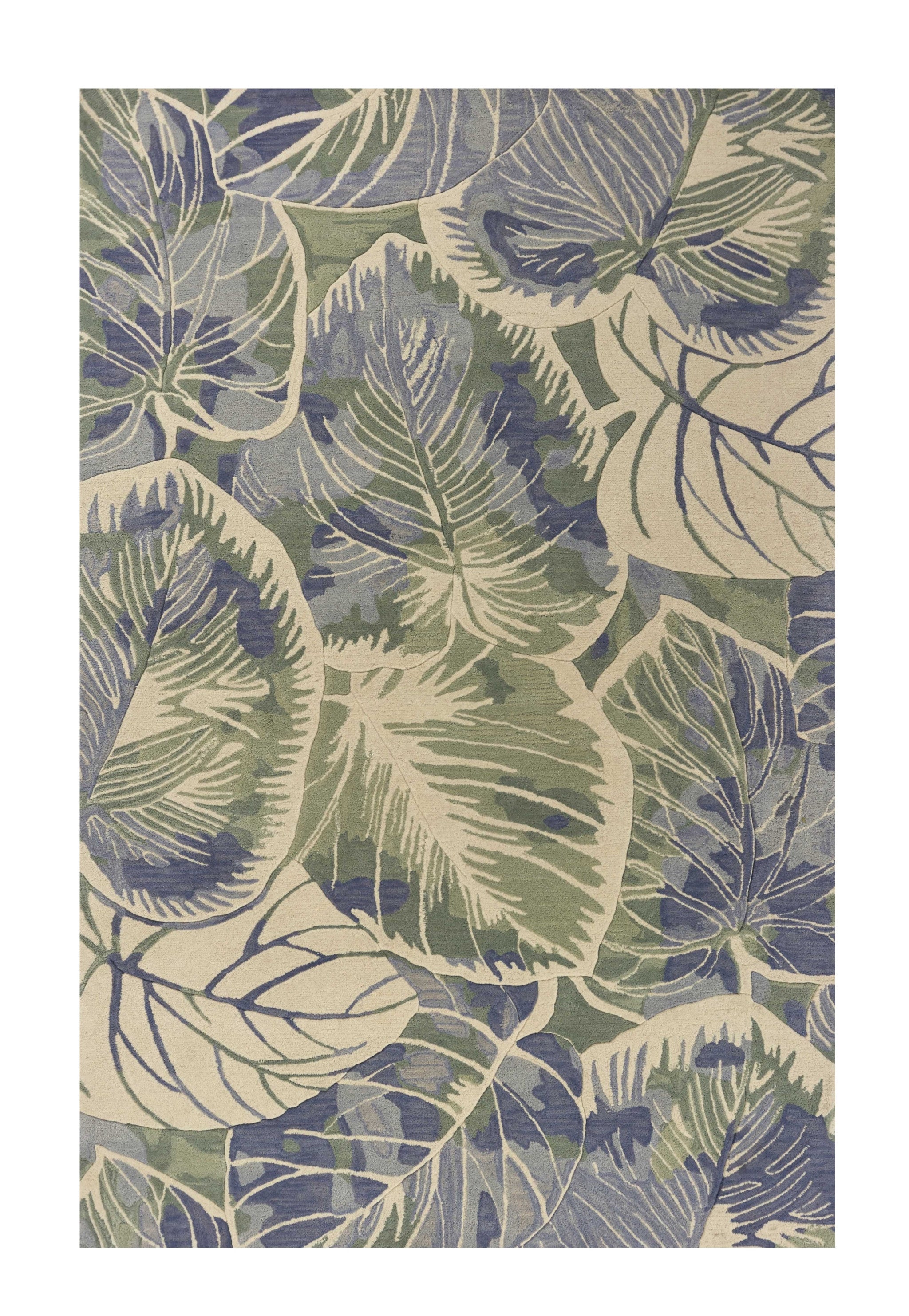 9' X 12' Blue Green And Beige Wool Tropical Botanical Hand Tufted Area Rug-Area Rugs-DECOROLALA