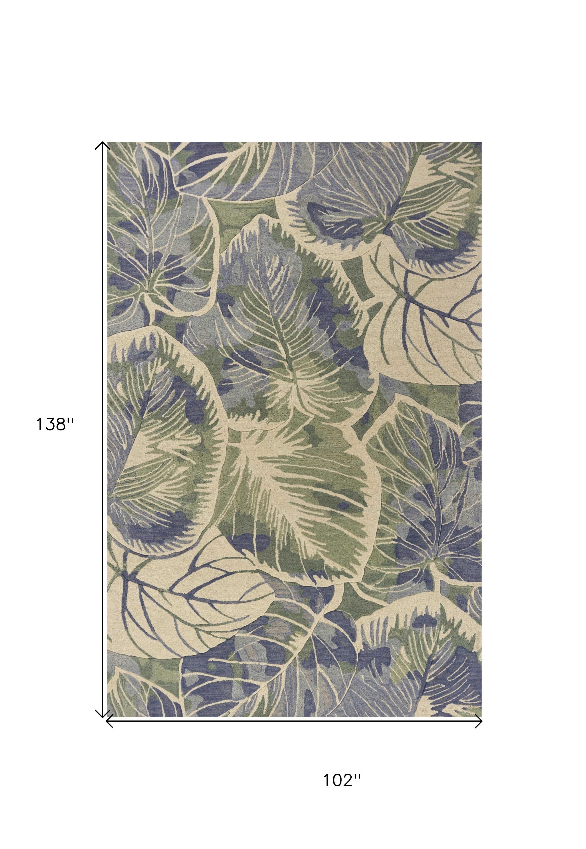 9' X 12' Blue Green And Beige Wool Tropical Botanical Hand Tufted Area Rug-Area Rugs-DECOROLALA