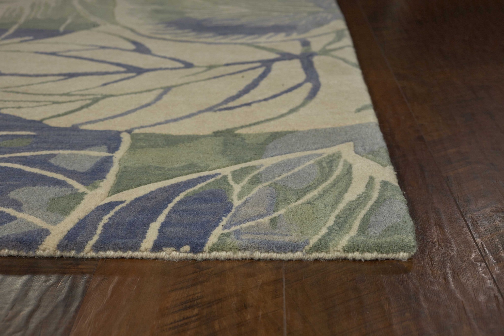 9' X 12' Blue Green And Beige Wool Tropical Botanical Hand Tufted Area Rug-Area Rugs-DECOROLALA