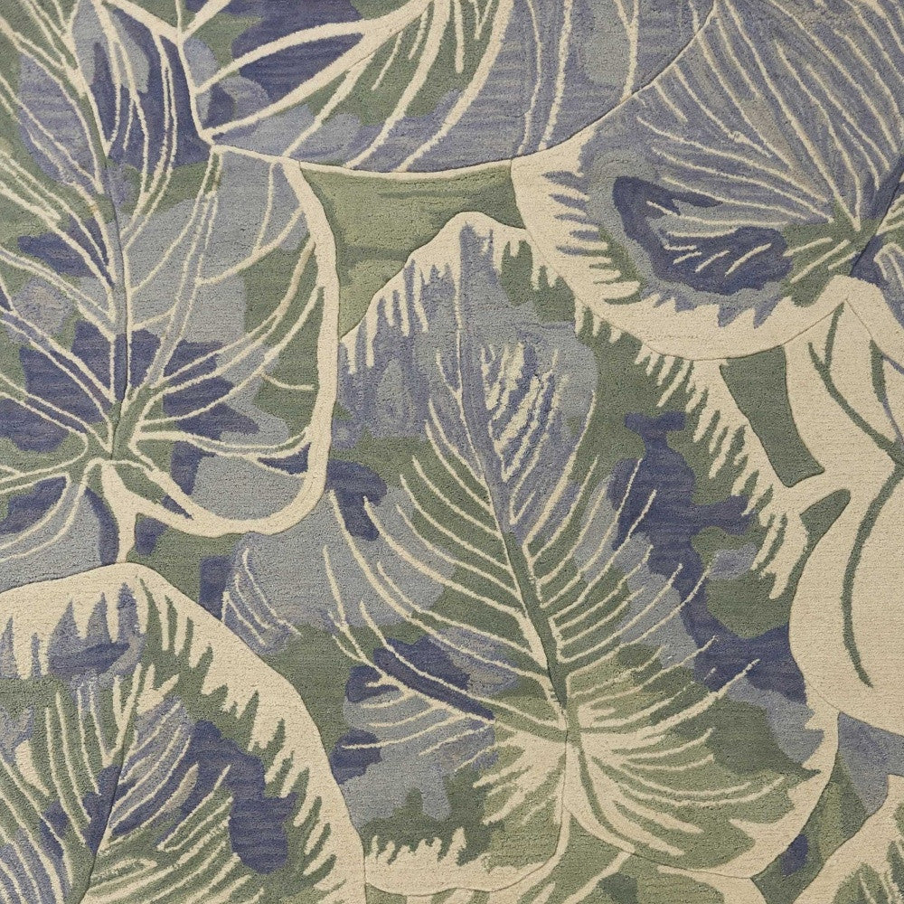 9' X 12' Blue Green And Beige Wool Tropical Botanical Hand Tufted Area Rug-Area Rugs-DECOROLALA