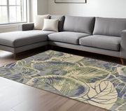 9' X 12' Blue Green And Beige Wool Tropical Botanical Hand Tufted Area Rug-Area Rugs-DECOROLALA