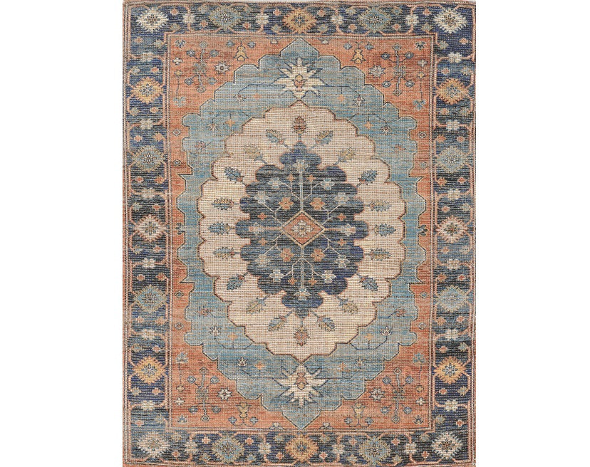 9' X 12' Blue Orange And Black Jute Medallion Hand Woven Area Rug-Area Rugs-DECOROLALA