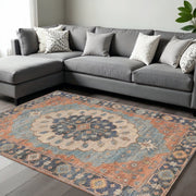 9' X 12' Blue Orange And Black Jute Medallion Hand Woven Area Rug-Area Rugs-DECOROLALA