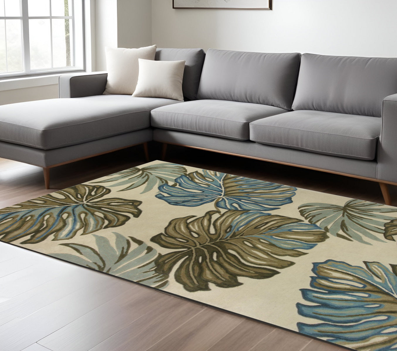 9' X 12' Brown Blue And Green Wool Tropical Botanical Hand Tufted Area Rug-Area Rugs-DECOROLALA