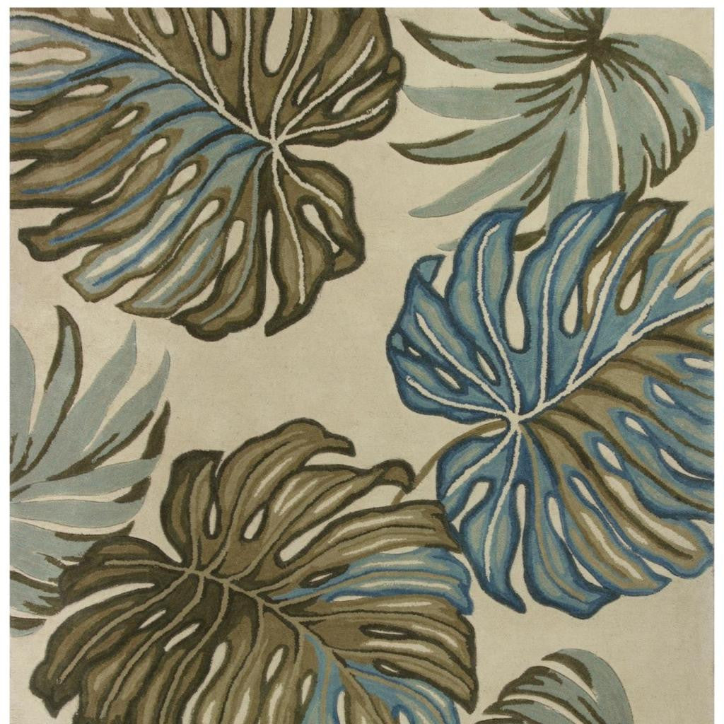 9' X 12' Brown Blue And Green Wool Tropical Botanical Hand Tufted Area Rug-Area Rugs-DECOROLALA