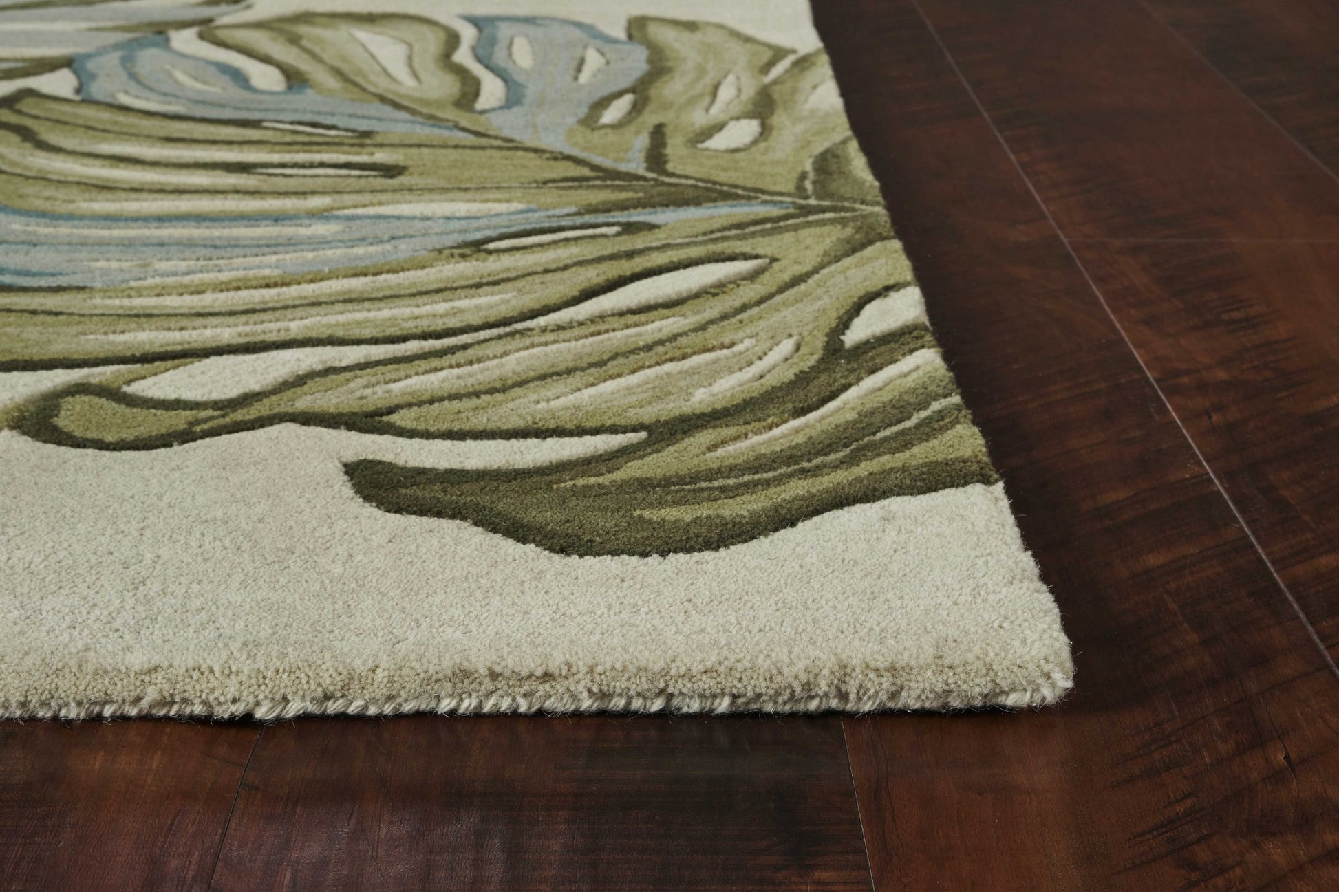 9' X 12' Brown Blue And Green Wool Tropical Botanical Hand Tufted Area Rug-Area Rugs-DECOROLALA