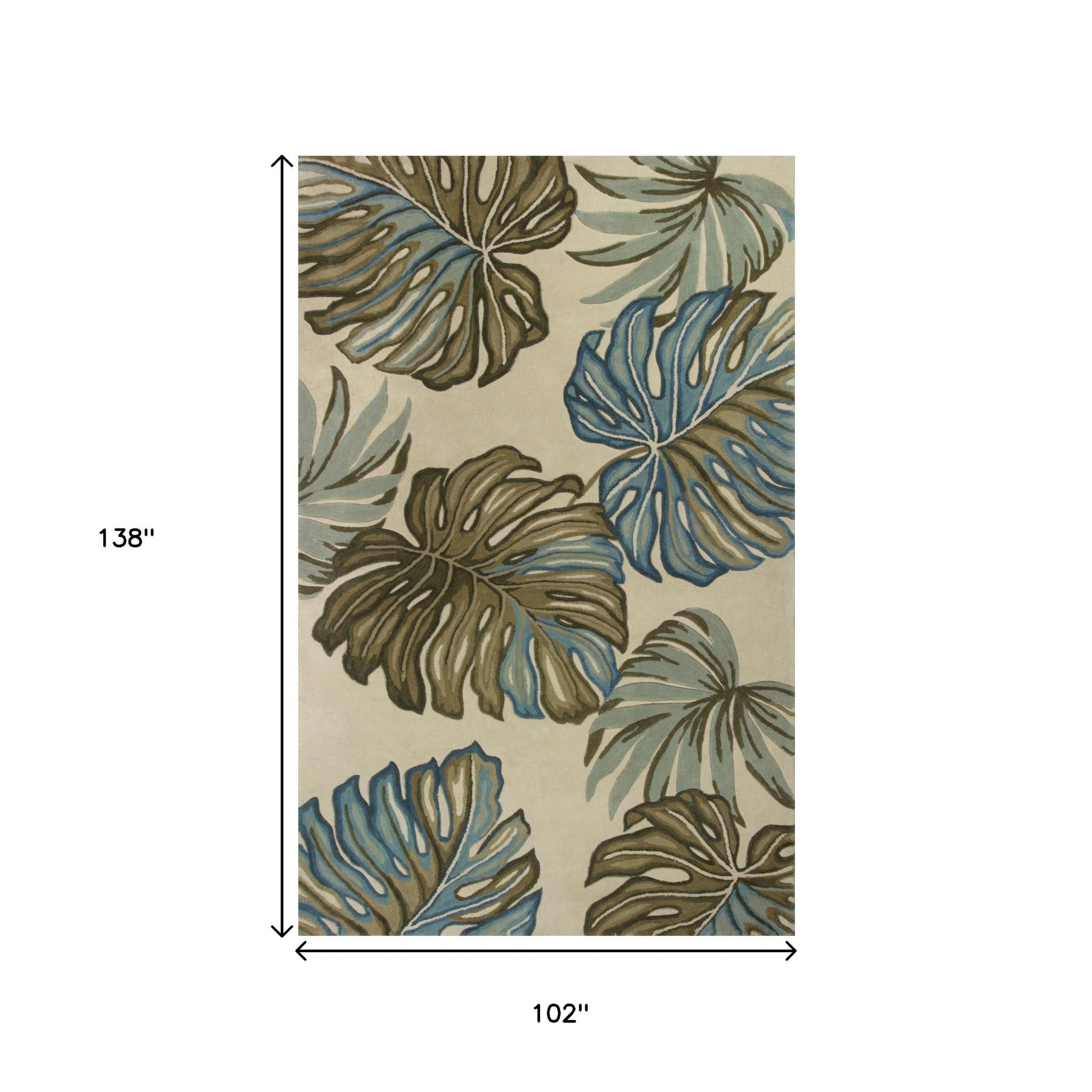 9' X 12' Brown Blue And Green Wool Tropical Botanical Hand Tufted Area Rug-Area Rugs-DECOROLALA