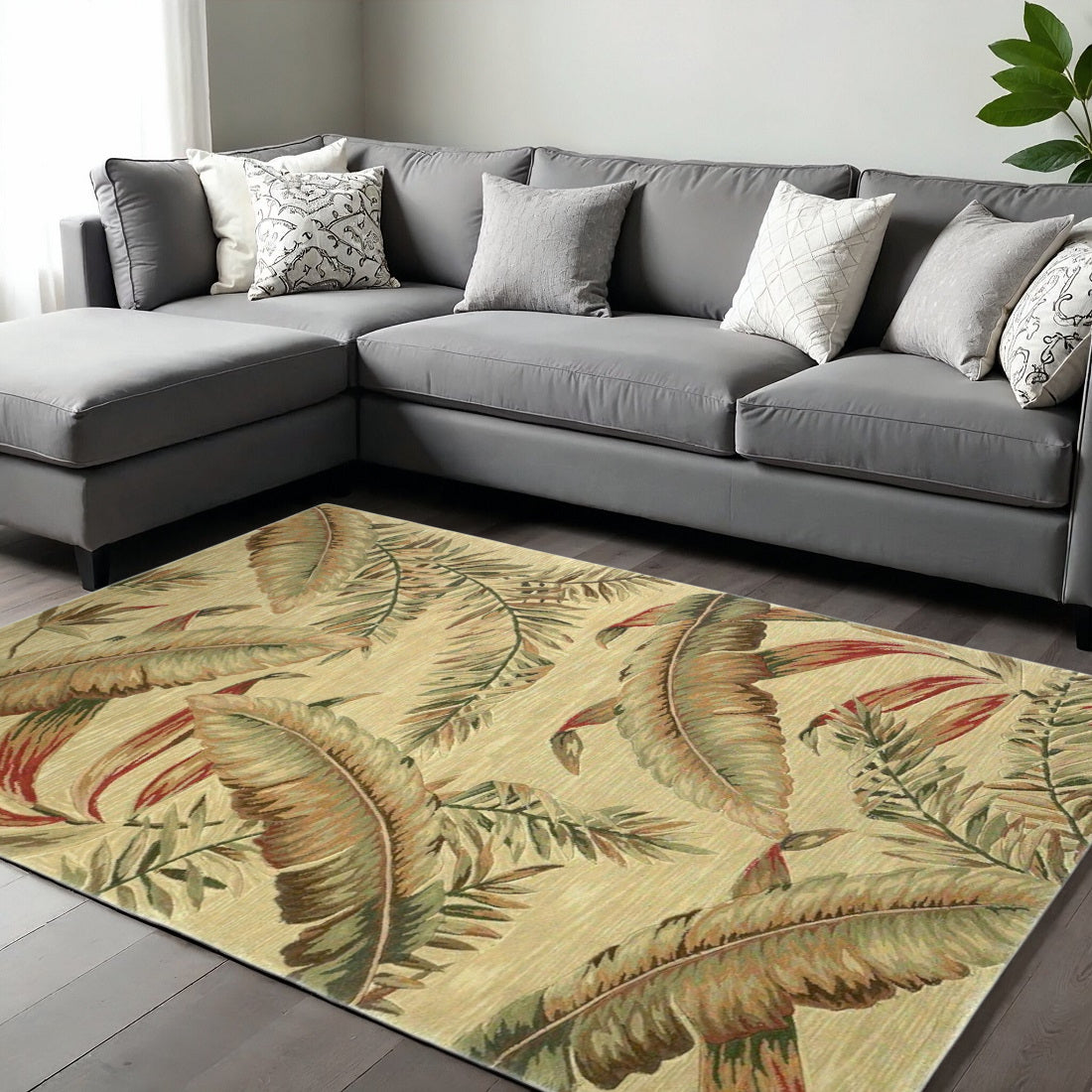 9' X 12' Brown Green And Red Wool Tropical Botanical Hand Tufted Area Rug-Area Rugs-DECOROLALA