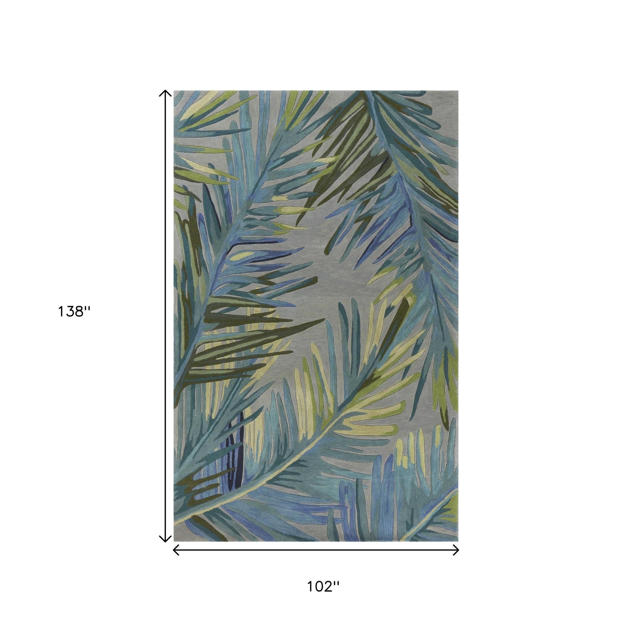 9' X 12' Gray And Blue Wool Tropical Botanical Hand Tufted Area Rug-Area Rugs-DECOROLALA