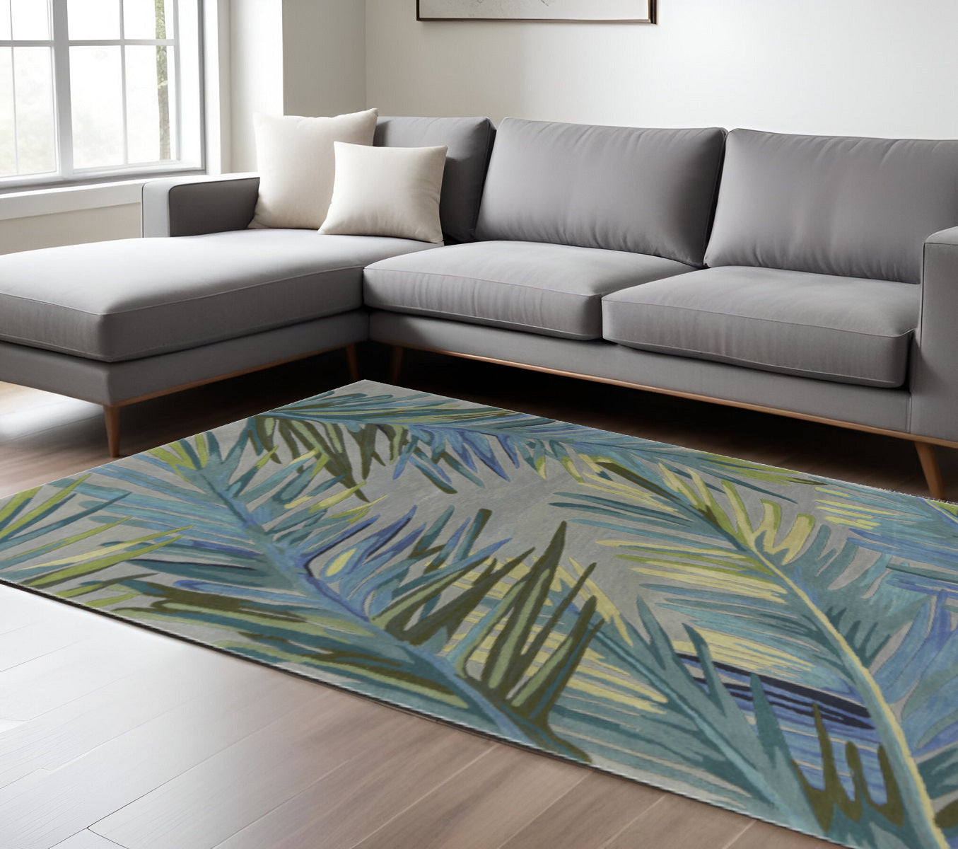 9' X 12' Gray And Blue Wool Tropical Botanical Hand Tufted Area Rug-Area Rugs-DECOROLALA