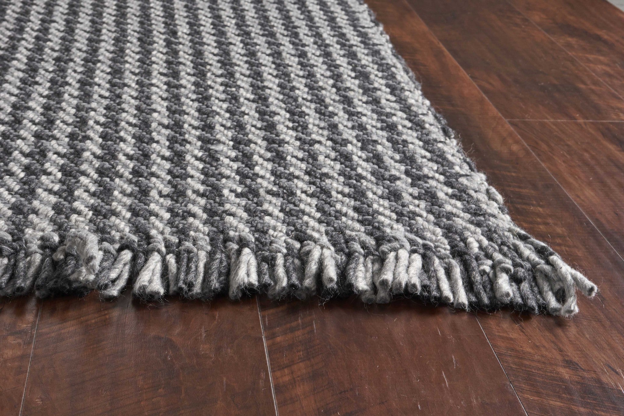 9' X 12' Gray And Light Gray Wool Houndstooth Hand Woven Area Rug With Fringe-Area Rugs-DECOROLALA