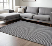 9' X 12' Gray And Light Gray Wool Houndstooth Hand Woven Area Rug With Fringe-Area Rugs-DECOROLALA