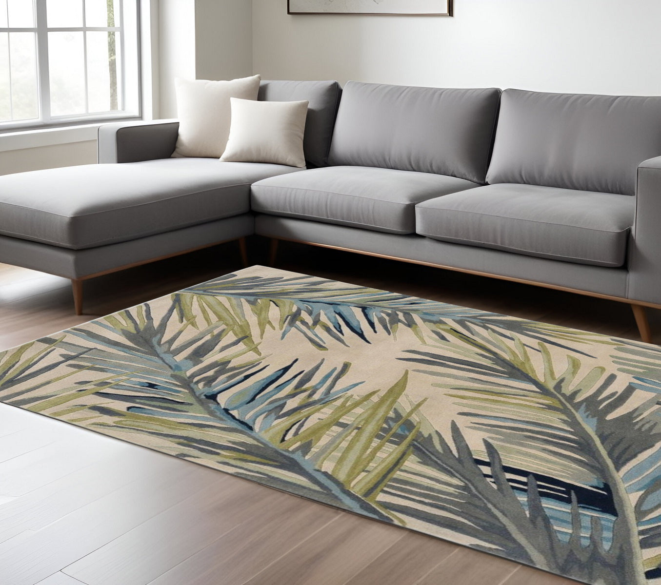9' X 12' Ivory Blue And Green Wool Tropical Botanical Hand Tufted Area Rug-Area Rugs-DECOROLALA