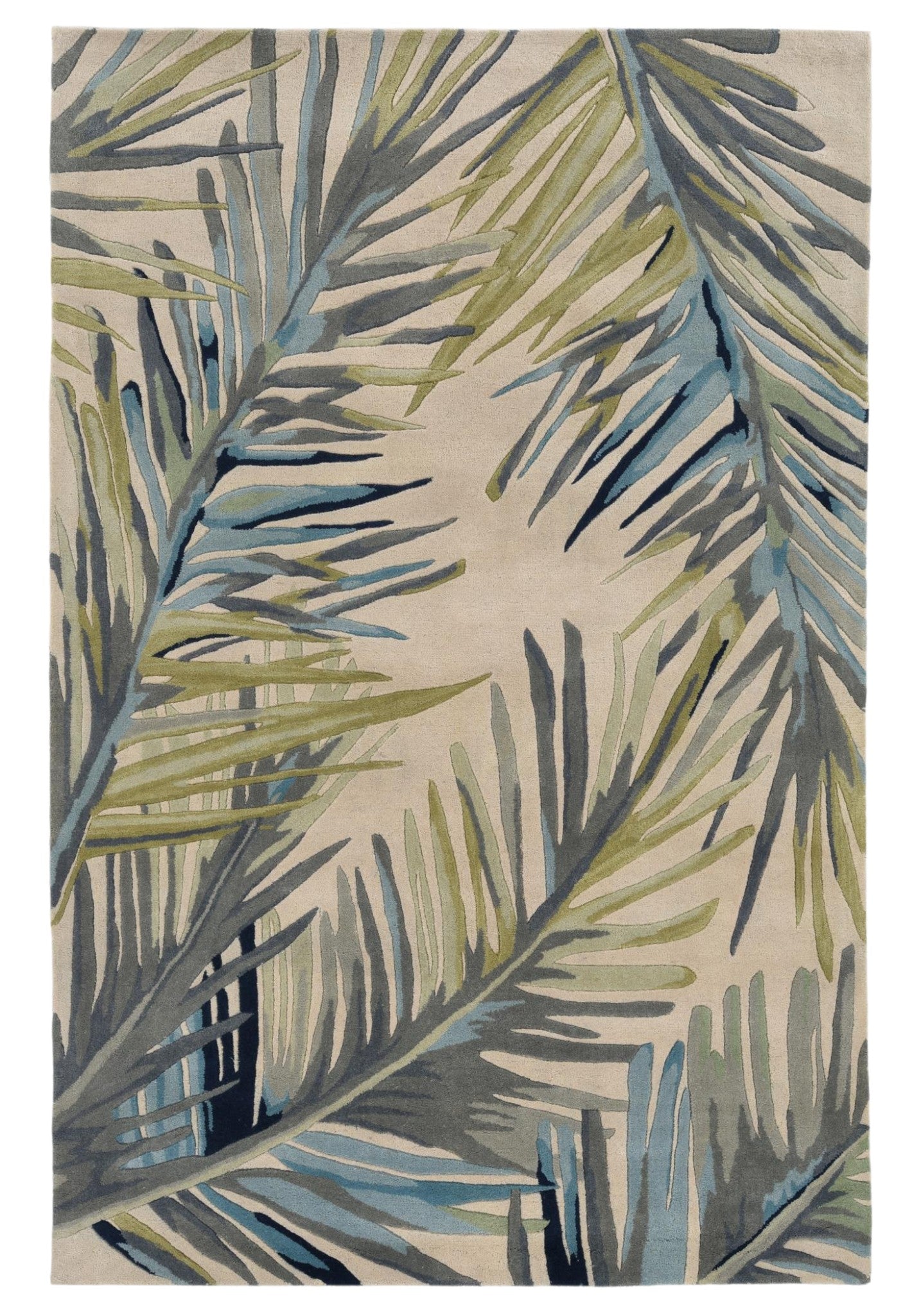 9' X 12' Ivory Blue And Green Wool Tropical Botanical Hand Tufted Area Rug-Area Rugs-DECOROLALA