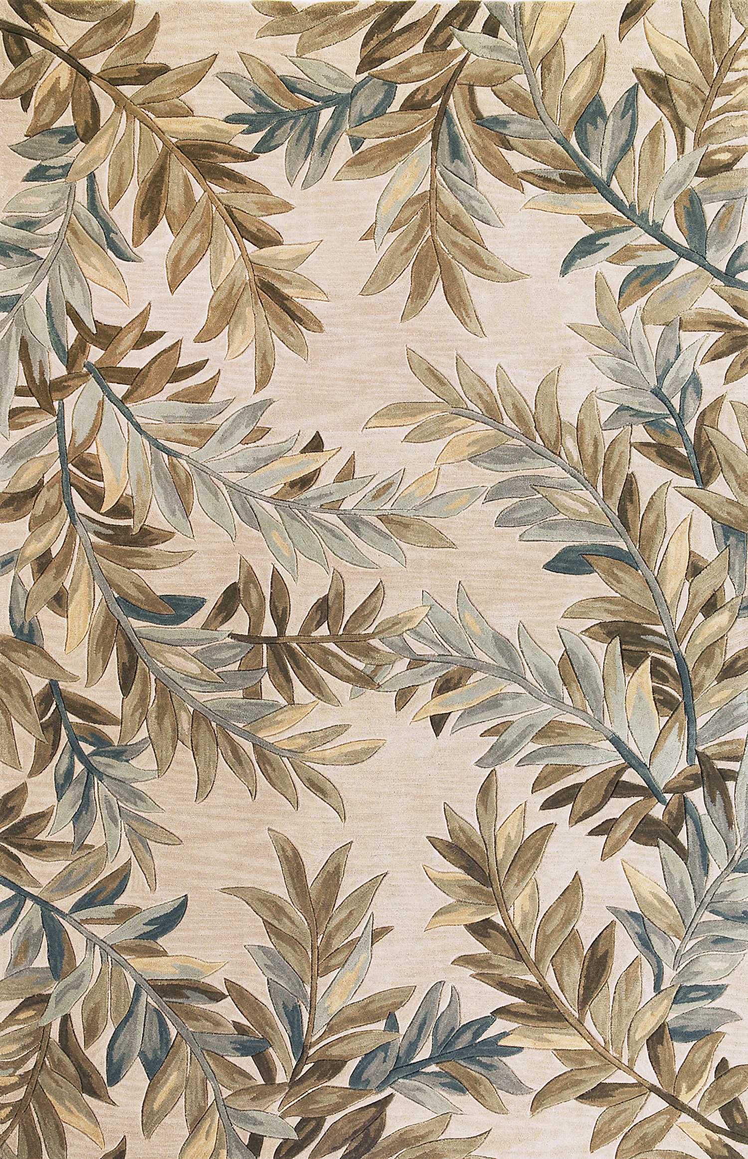9' X 12' Ivory Brown And Blue Wool Botanical Leaves Hand Tufted Area Rug-Area Rugs-DECOROLALA