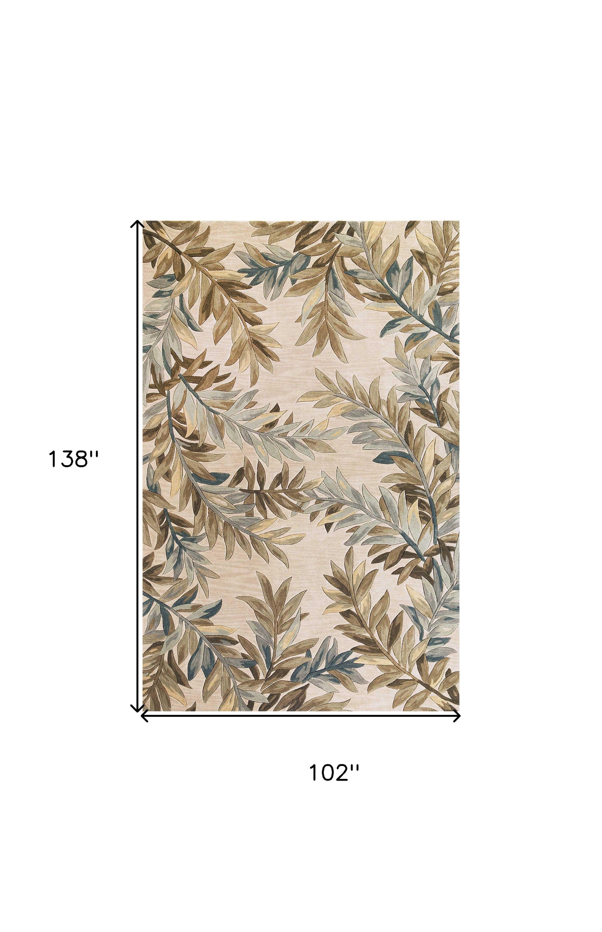 9' X 12' Ivory Brown And Blue Wool Botanical Leaves Hand Tufted Area Rug-Area Rugs-DECOROLALA