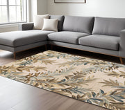 9' X 12' Ivory Brown And Blue Wool Botanical Leaves Hand Tufted Area Rug-Area Rugs-DECOROLALA