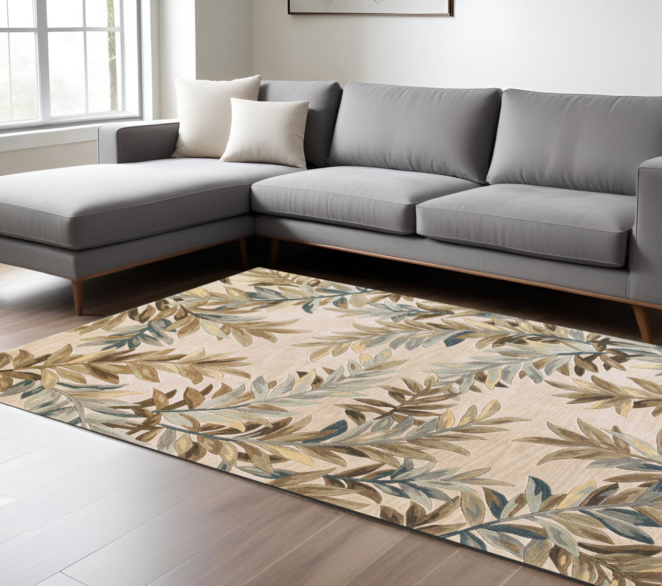 9' X 12' Ivory Brown And Blue Wool Botanical Leaves Hand Tufted Area Rug-Area Rugs-DECOROLALA