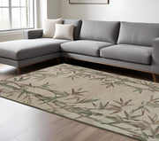 9' X 12' Ivory Green And Brown Wool Botanical Leaves Hand Tufted Area Rug-Area Rugs-DECOROLALA