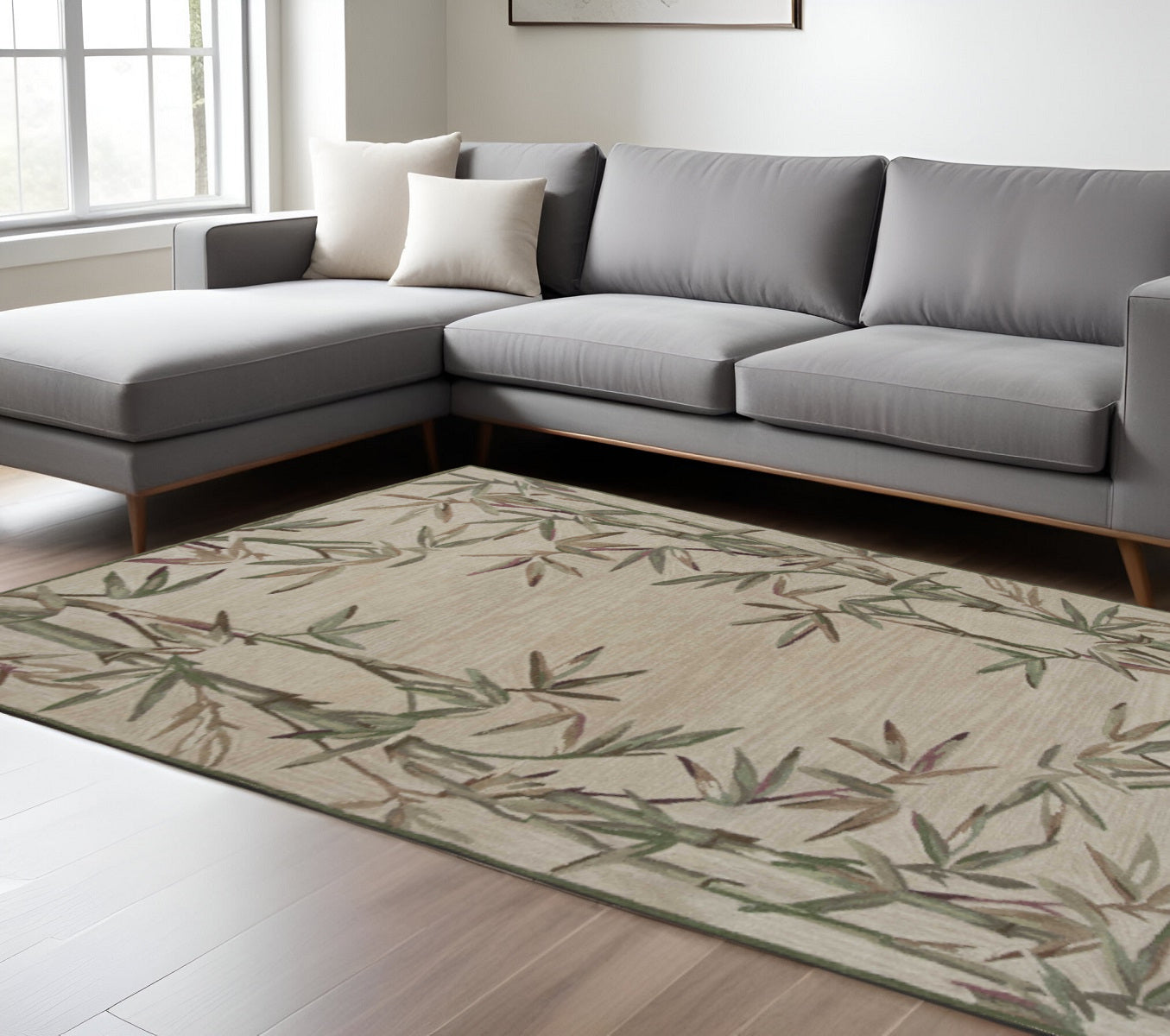 9' X 12' Ivory Green And Brown Wool Botanical Leaves Hand Tufted Area Rug-Area Rugs-DECOROLALA