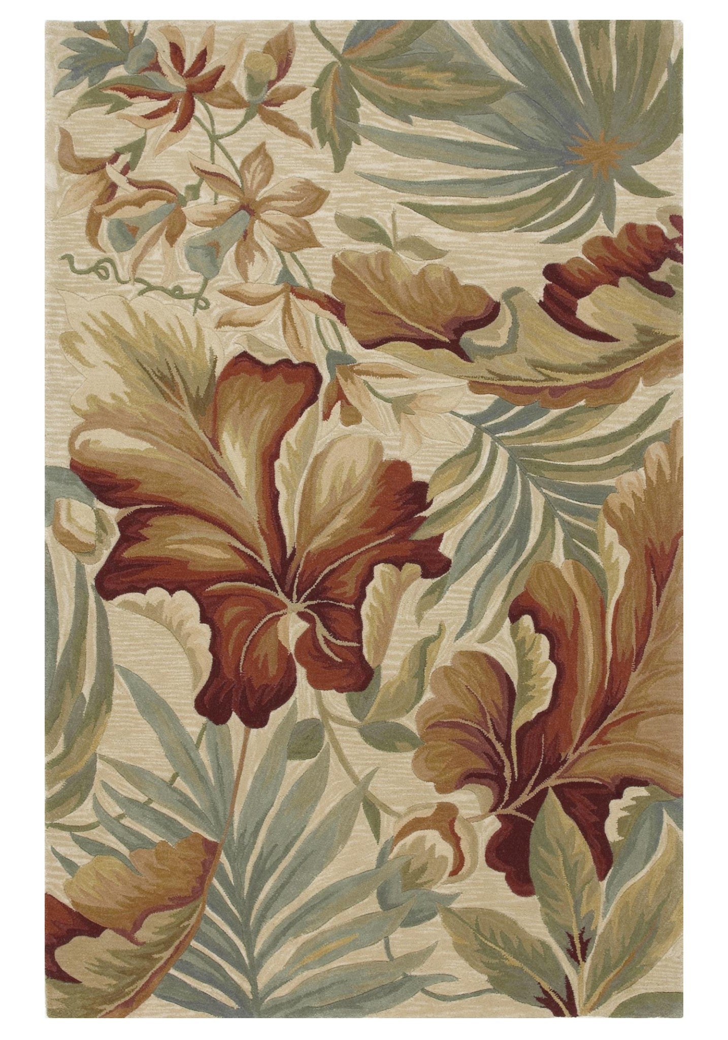 9' X 12' Ivory Green And Red Wool Tropical Botanical Hand Tufted Area Rug-Area Rugs-DECOROLALA
