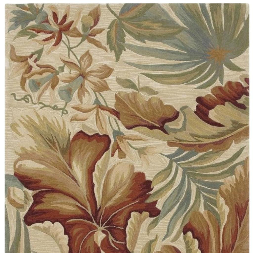 9' X 12' Ivory Green And Red Wool Tropical Botanical Hand Tufted Area Rug-Area Rugs-DECOROLALA