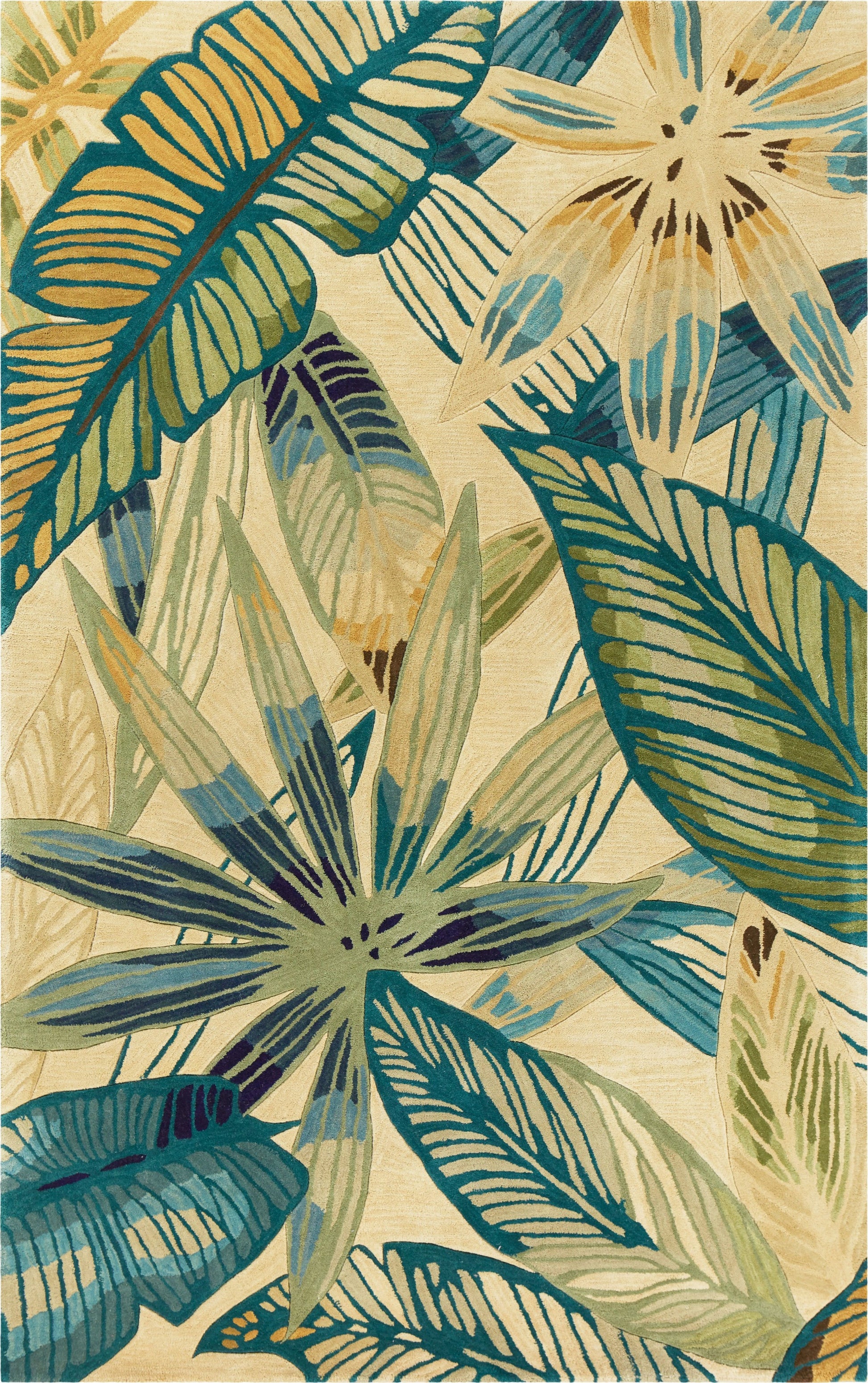 9' X 12' Ivory Teal And Green Wool Tropical Botanical Hand Tufted Area Rug-Area Rugs-DECOROLALA
