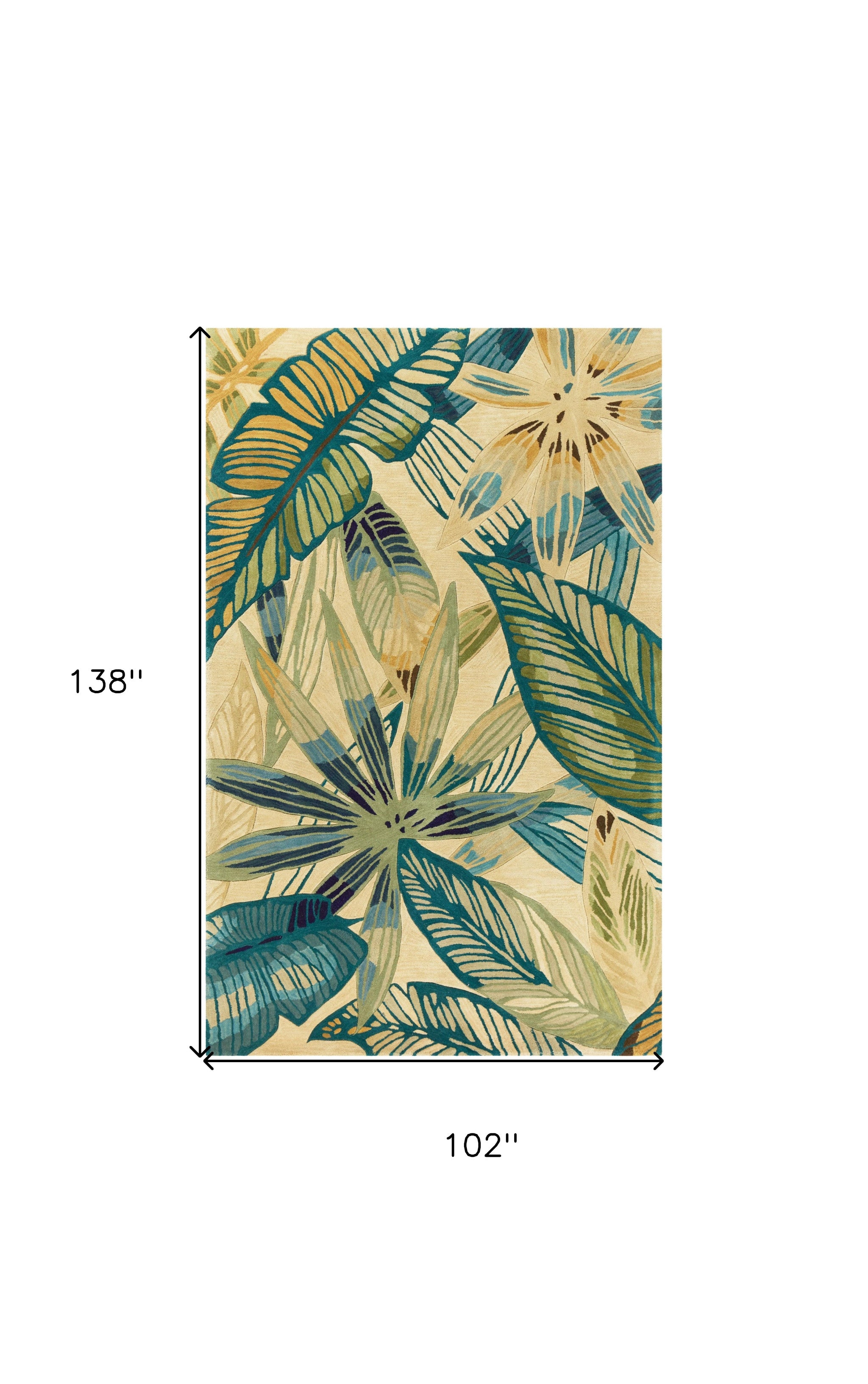 9' X 12' Ivory Teal And Green Wool Tropical Botanical Hand Tufted Area Rug-Area Rugs-DECOROLALA