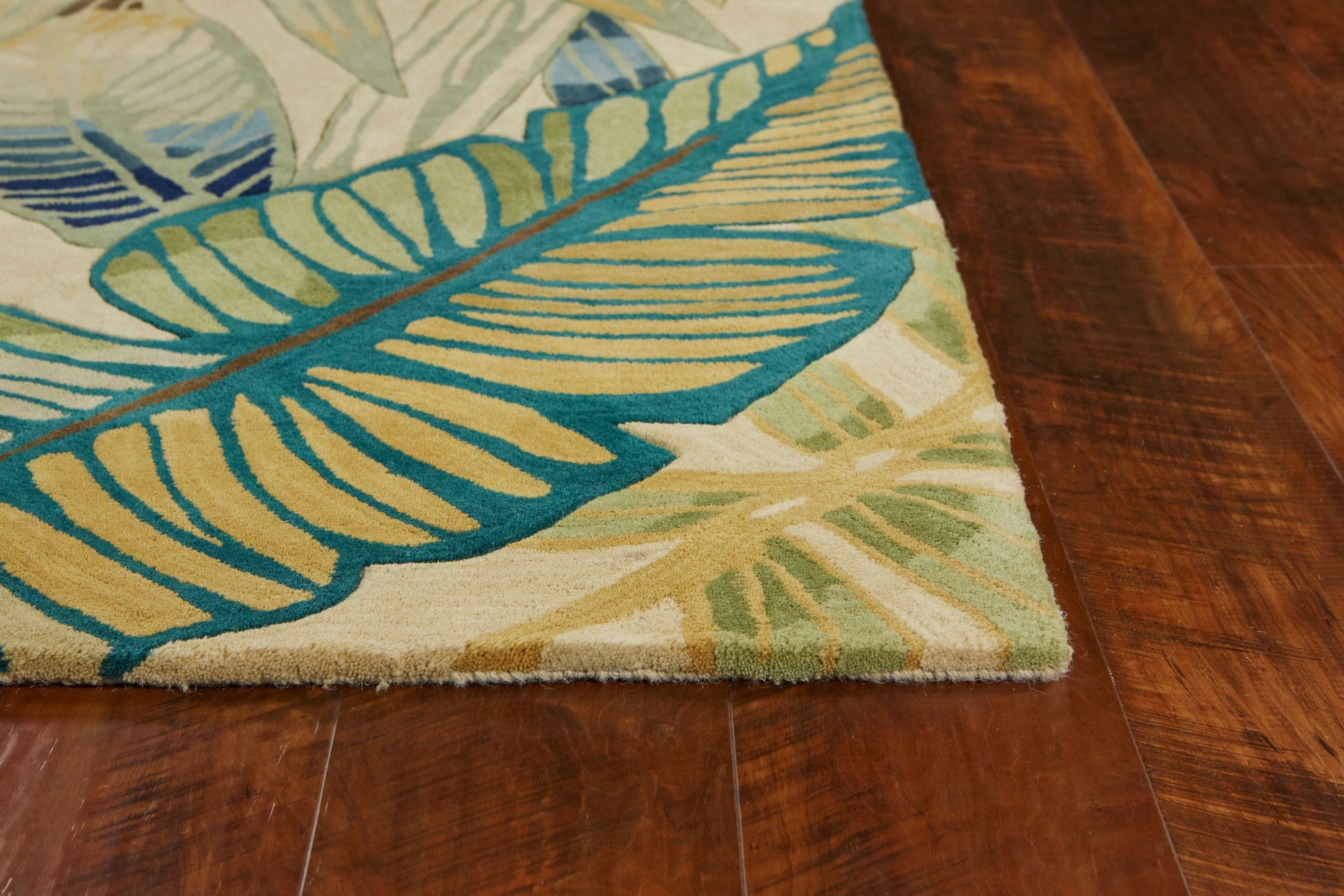 9' X 12' Ivory Teal And Green Wool Tropical Botanical Hand Tufted Area Rug-Area Rugs-DECOROLALA