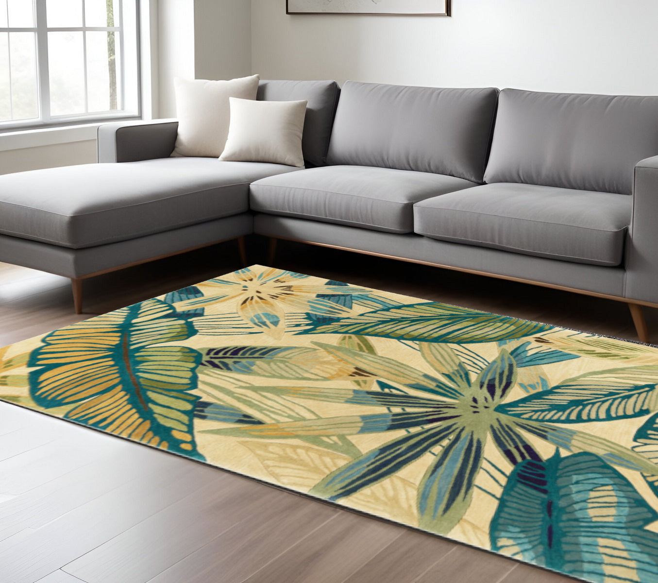 9' X 12' Ivory Teal And Green Wool Tropical Botanical Hand Tufted Area Rug-Area Rugs-DECOROLALA