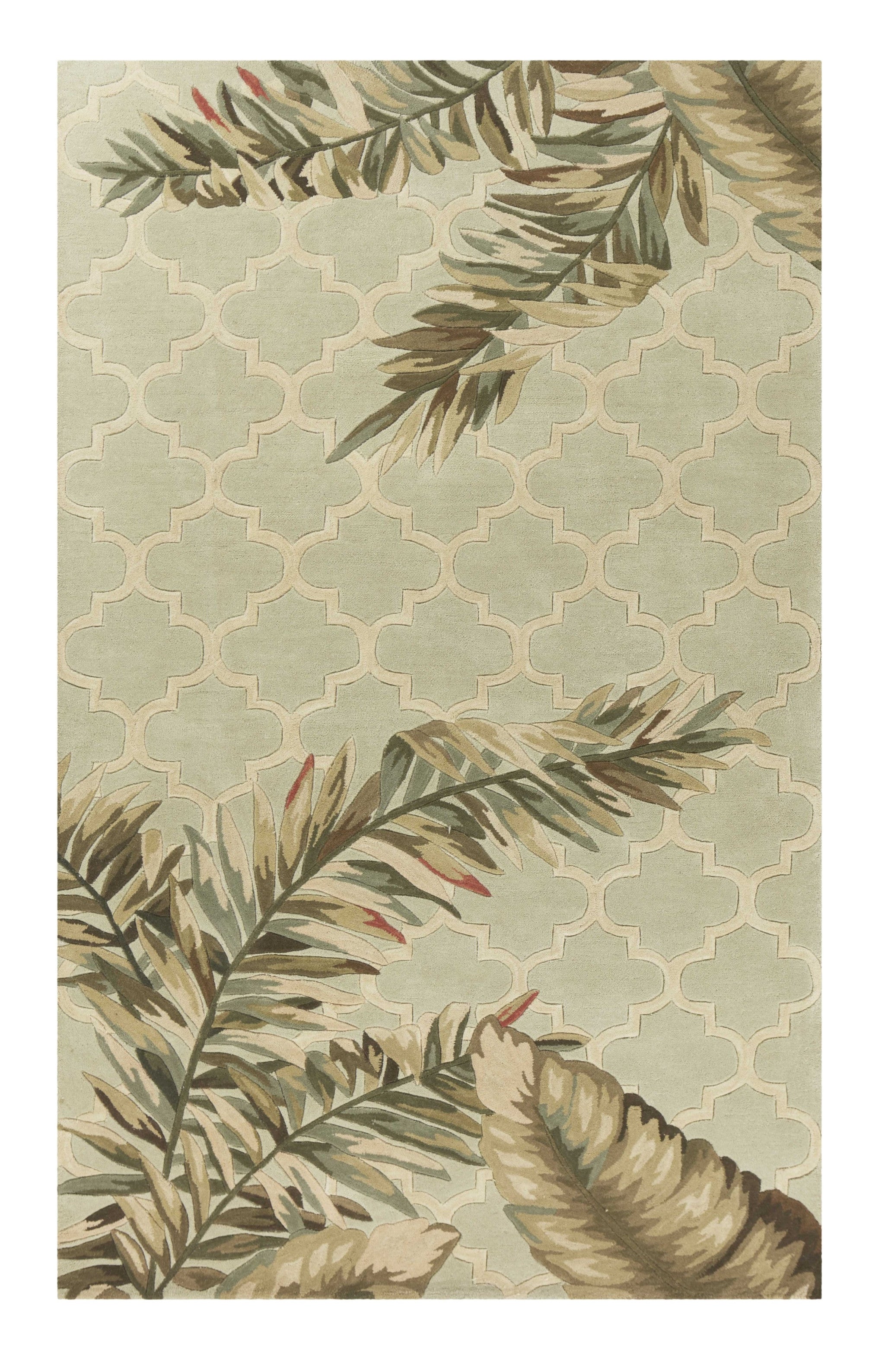 9' X 12' Sage Taupe And Green Wool Tropical Botanical Hand Tufted Area Rug-Area Rugs-DECOROLALA