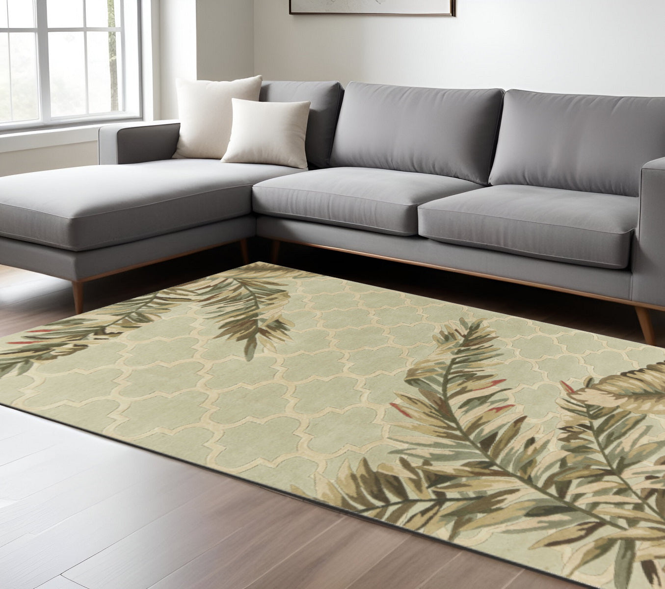 9' X 12' Sage Taupe And Green Wool Tropical Botanical Hand Tufted Area Rug-Area Rugs-DECOROLALA