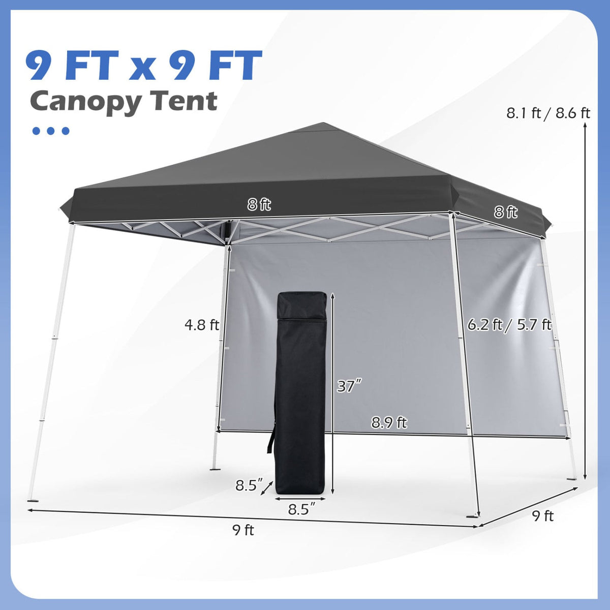 9 ft x 9 ft Pop Up Canopy Tent with 8 Ground Stakes 4 Wind Ropes and Carry Bag for Outdoor Party-Gray-Canopies-DECOROLALA