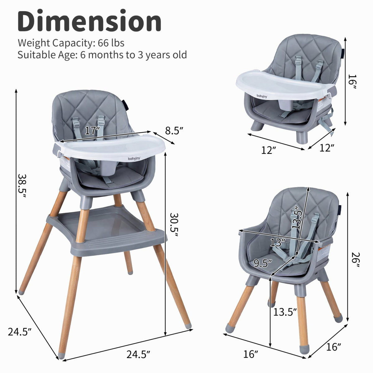 9-in-1 Convertible High Chair for Babies and Toddlers with Seat Cushion-Gray-High Chairs-DECOROLALA