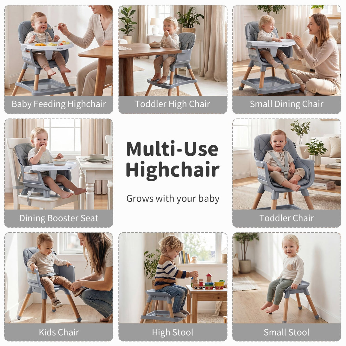 9-in-1 Convertible High Chair for Babies and Toddlers with Seat Cushion-Gray-High Chairs-DECOROLALA